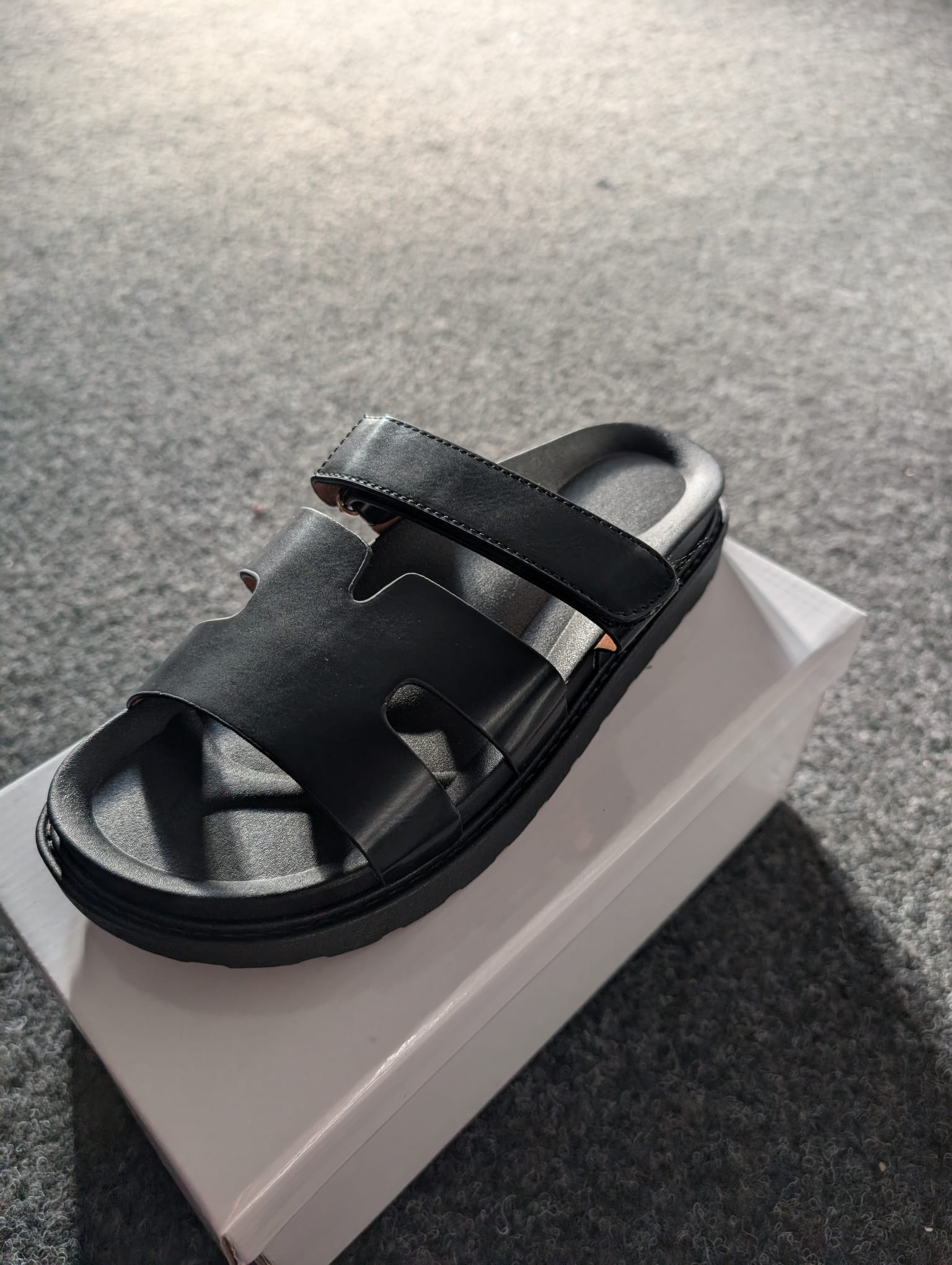 Inspired H Black Leather Velcro Sliders