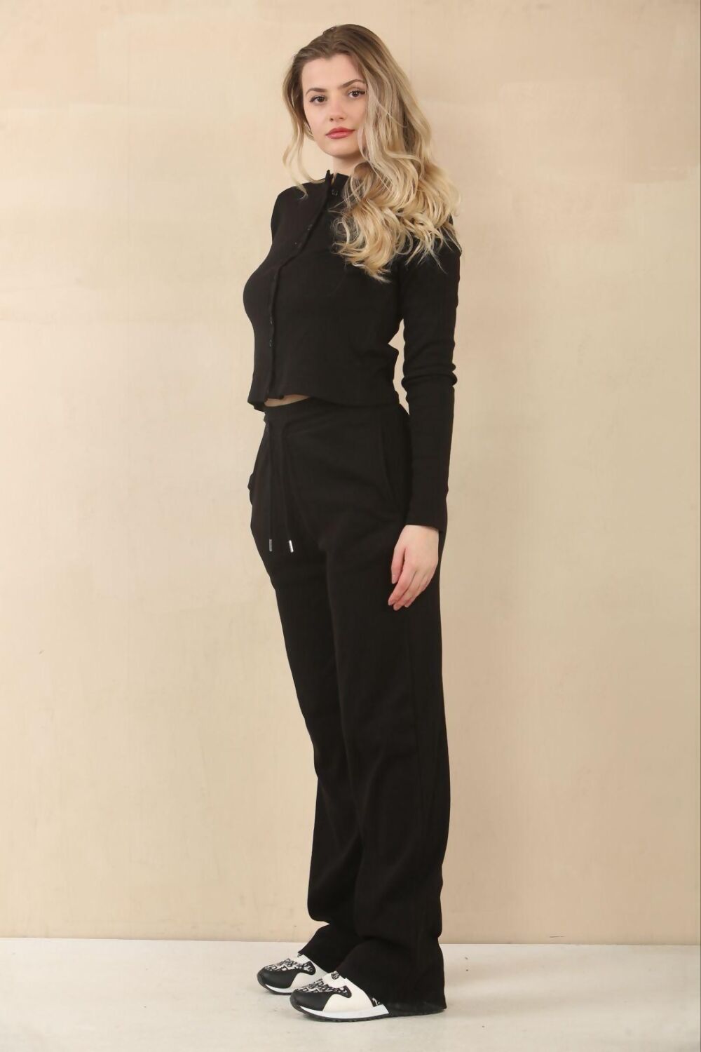 Black Ribbed Molly Button Through Top and Wide Leg Trousers