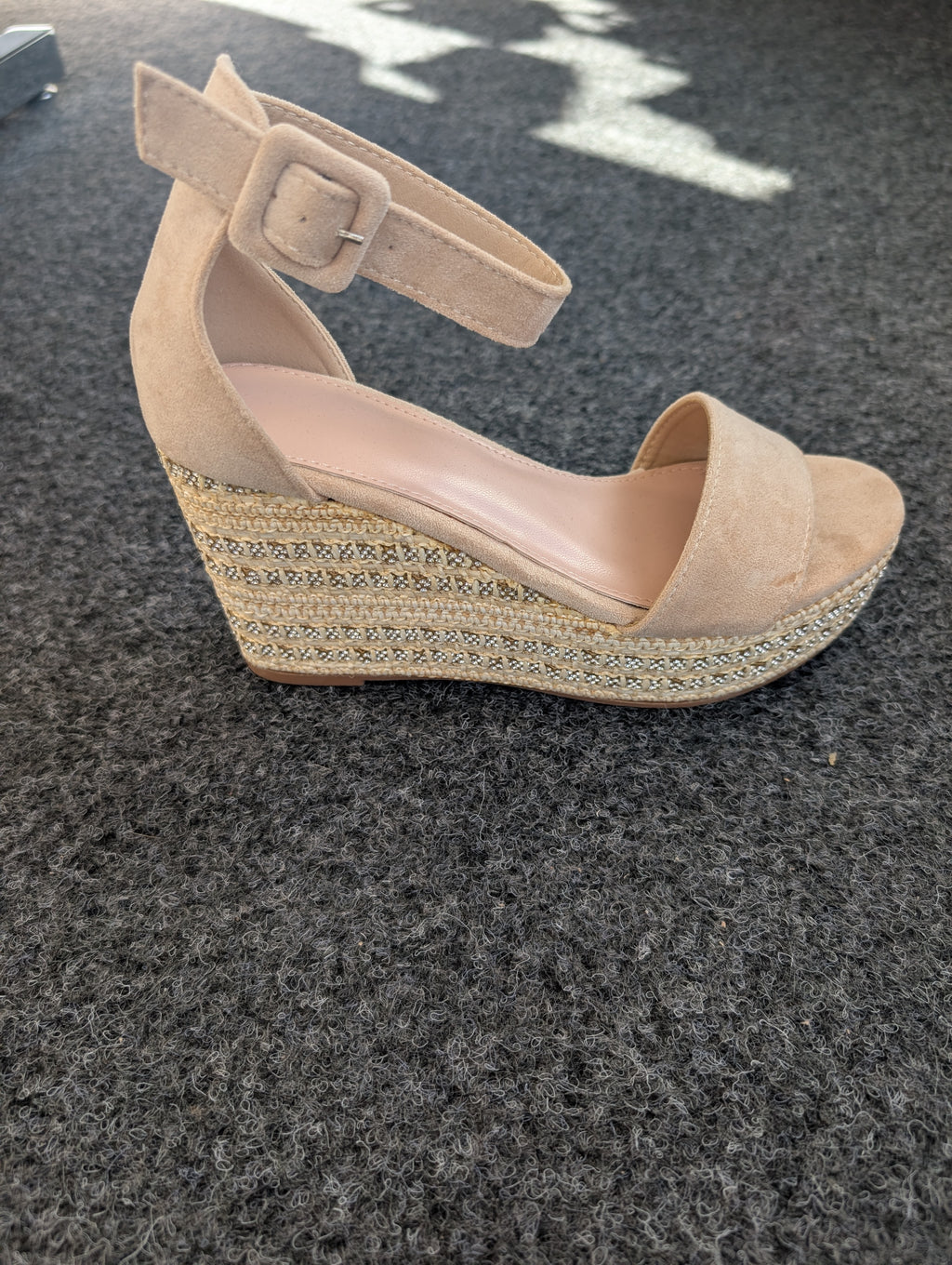 Embellished Beige Faux Suede Wedge Sandals