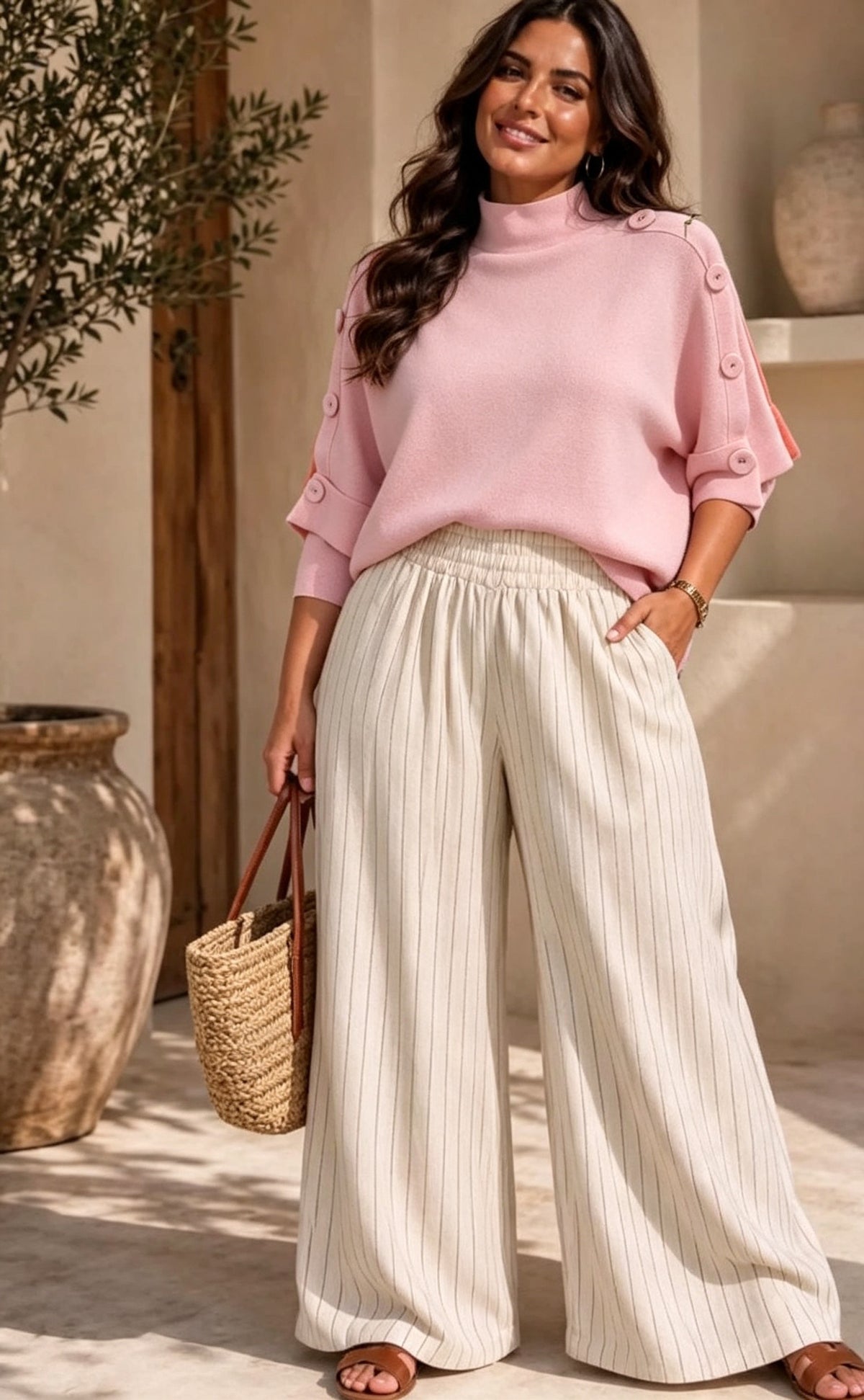 Short Sleeve High Neck Button Detail Jumper