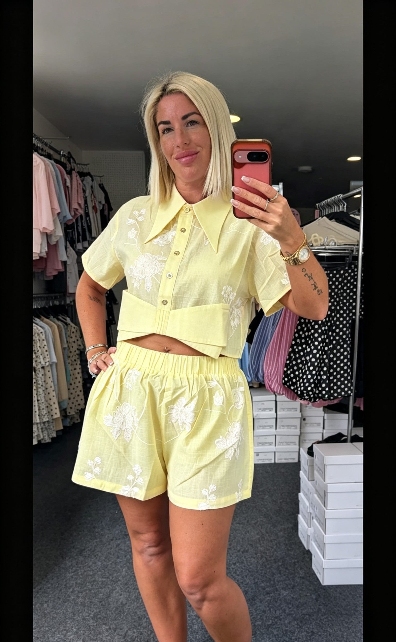 Bow Hem Embroidered Cropped Blouse And Short Set