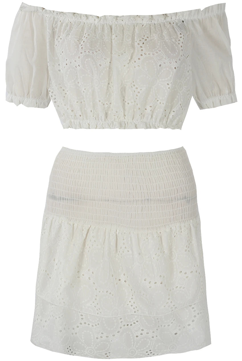 Embroidery Anglaise Crop Top and Shirred Skirt Set
