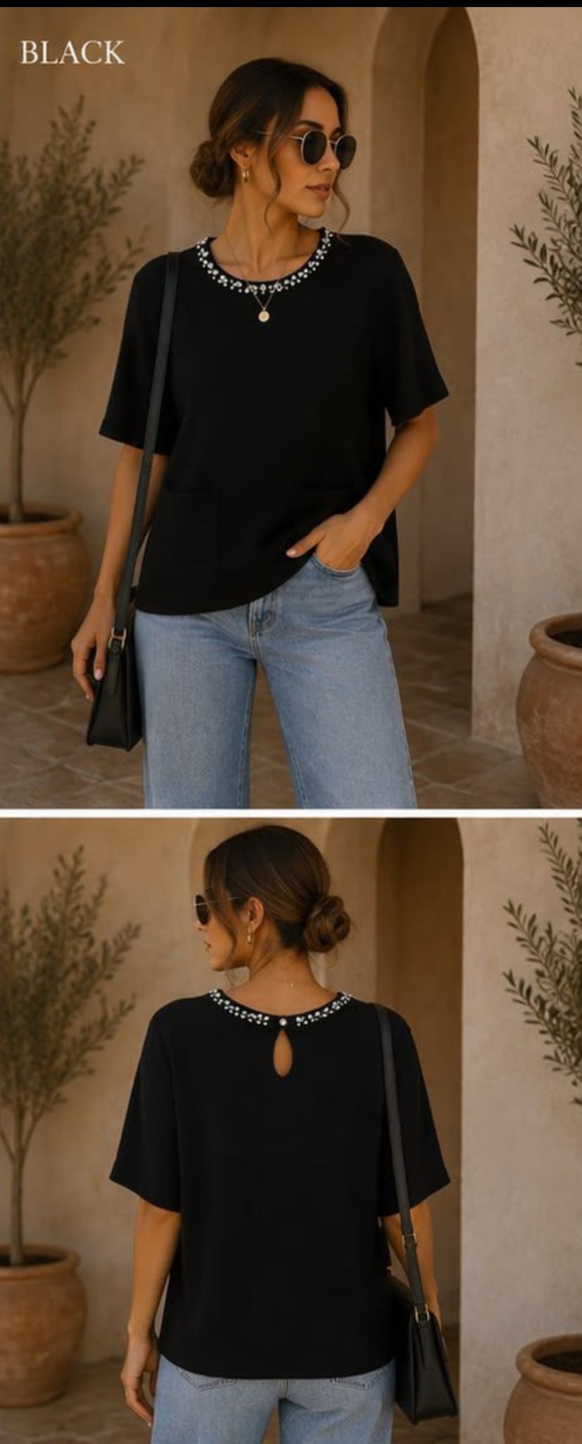 Knit Top With Gem Neckline And Front Pockets Detailing