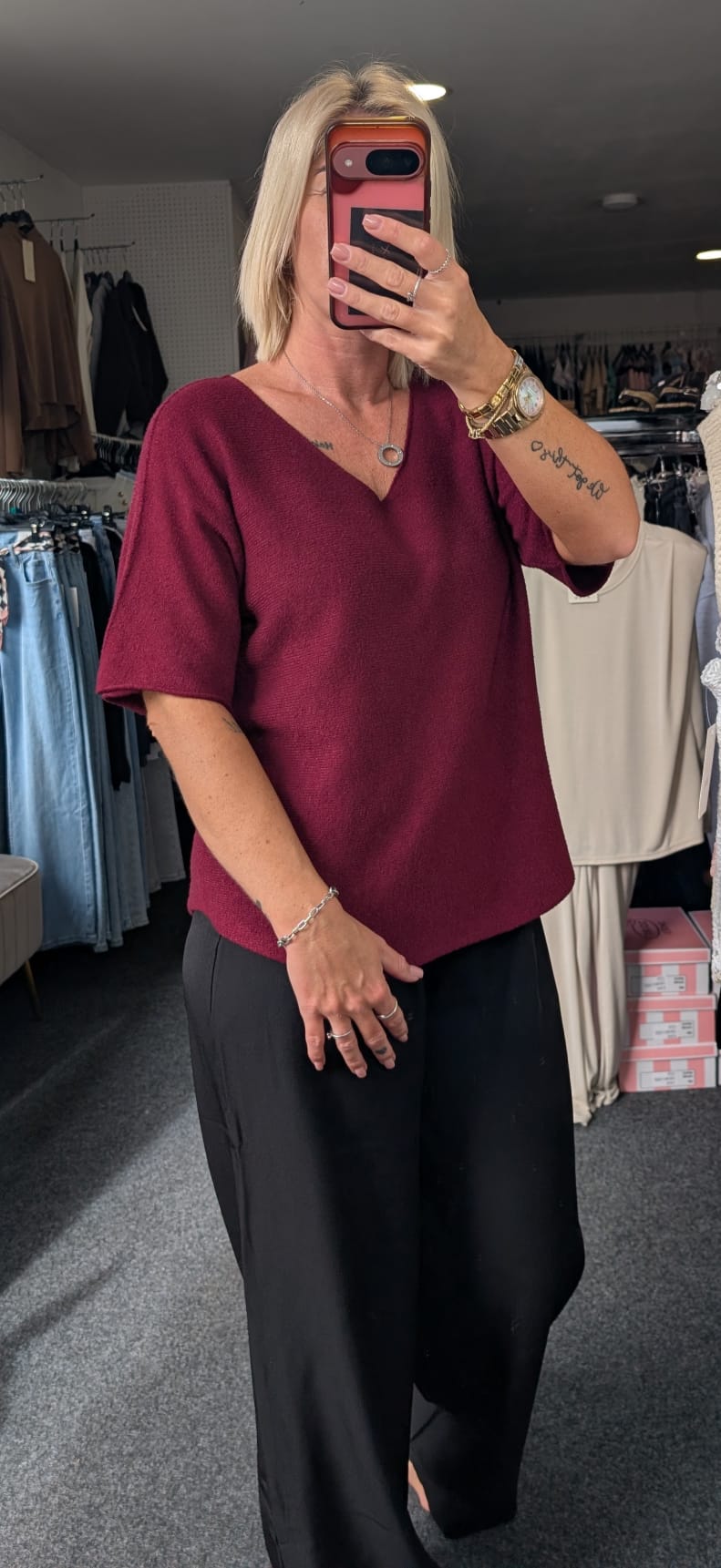 Soft Knit V-Neck Cropped Sleeved Jumper
