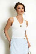 Fine Knit V Neck Top With Metal Detail