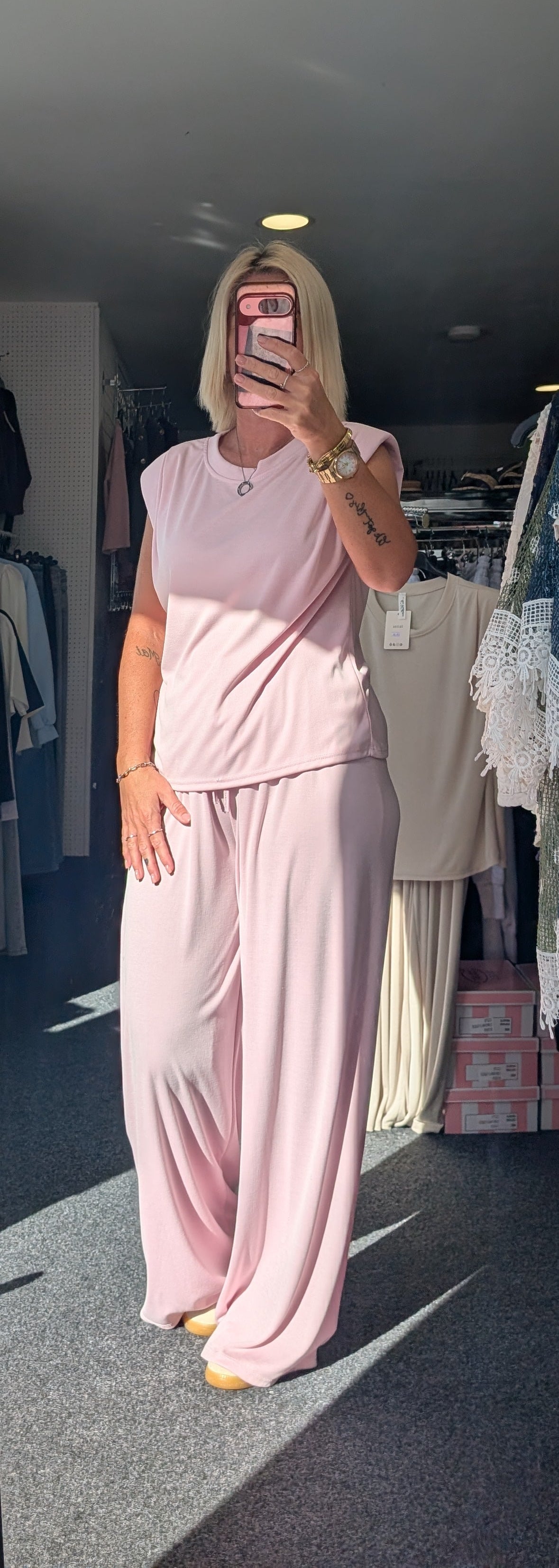 Padded Shoulder With Ruched Detail Top & Elasticated Waist Trouser Co-ord Set