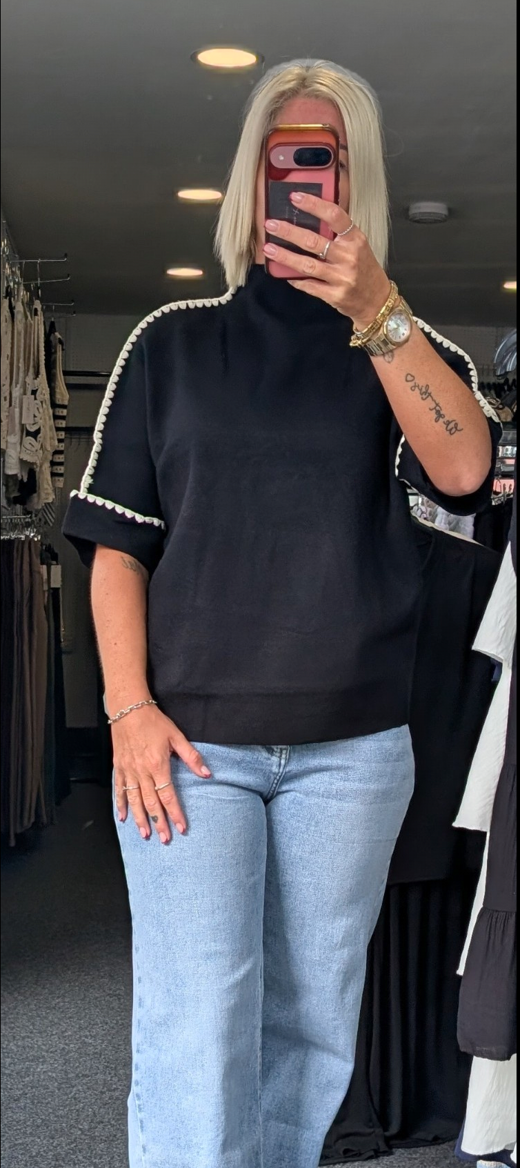 Short Sleeve Knit Top With Blanket Stitch Trim