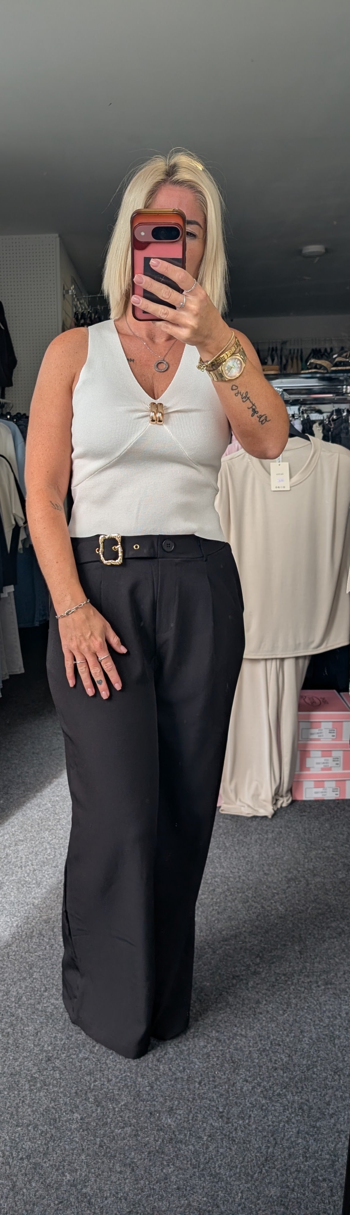 Wide Leg Tailored Trousers With Gold Buckle