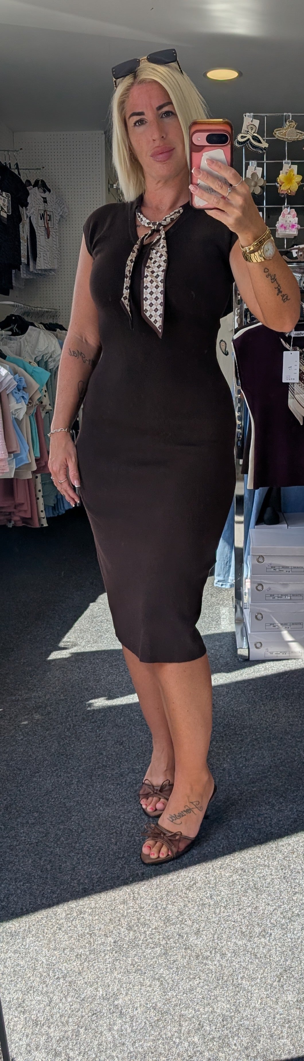 Soft Knit Midi Dress With Scarf Neck Detail