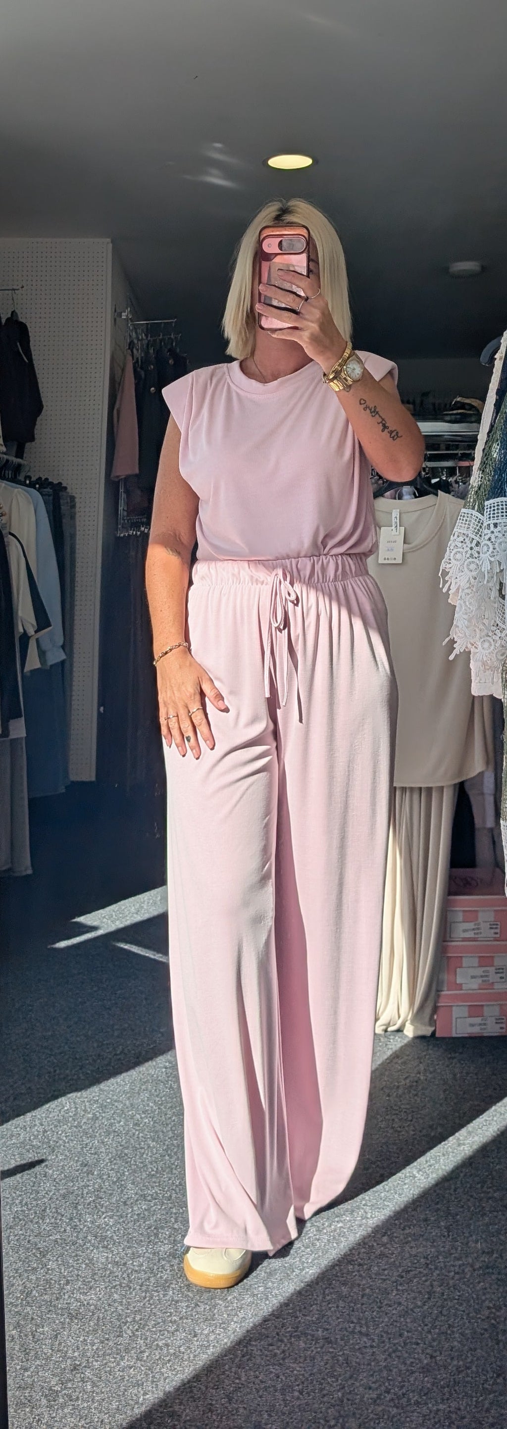Padded Shoulder With Ruched Detail Top & Elasticated Waist Trouser Co-ord Set