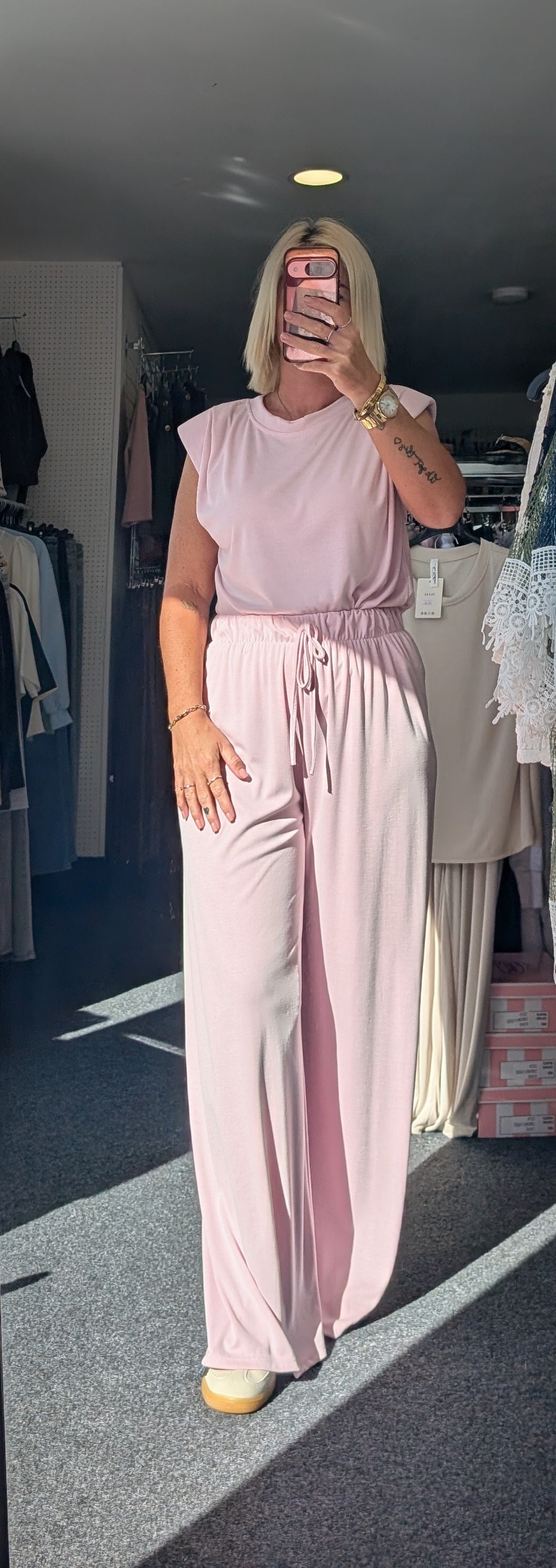 Padded Shoulder With Ruched Detail Top & Elasticated Waist Trouser Co-ord Set