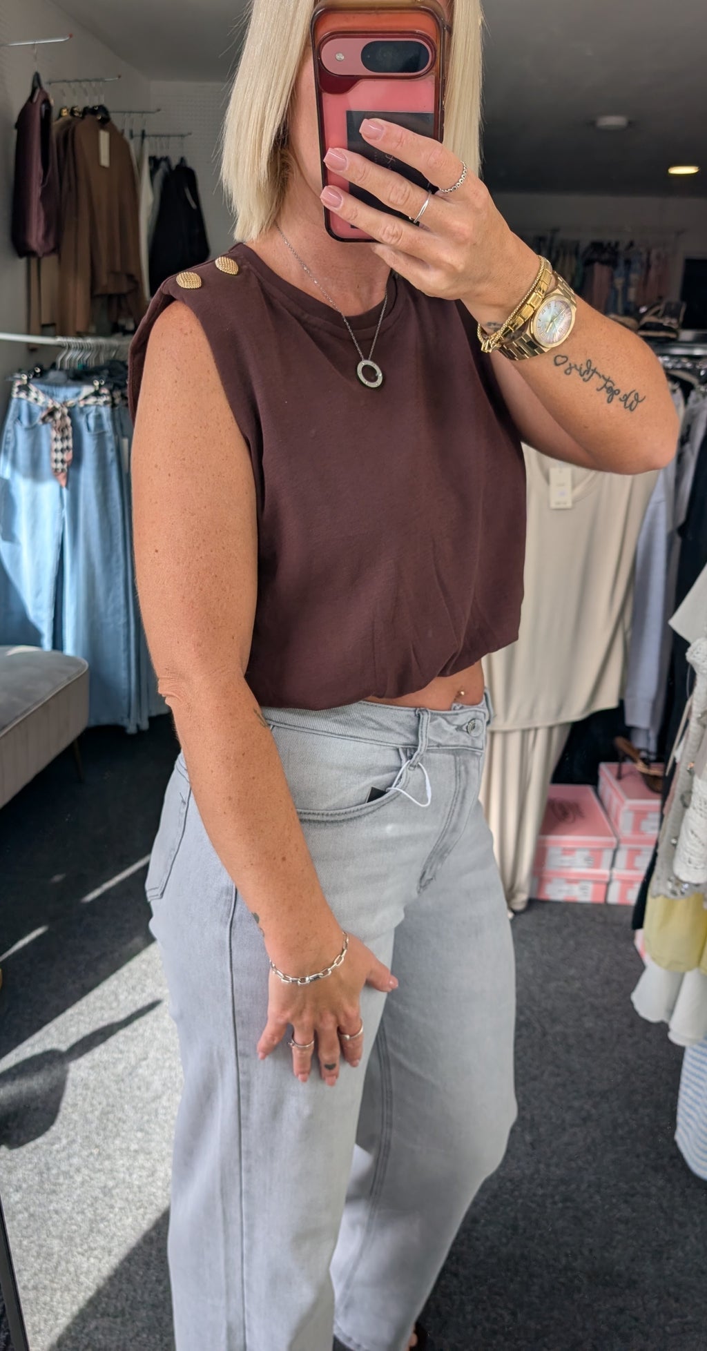 Bubble Hem Sleeveless Top With Gold Button details