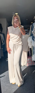 Padded Shoulder With Ruched Detail Top & Elasticated Waist Trouser Co-ord Set