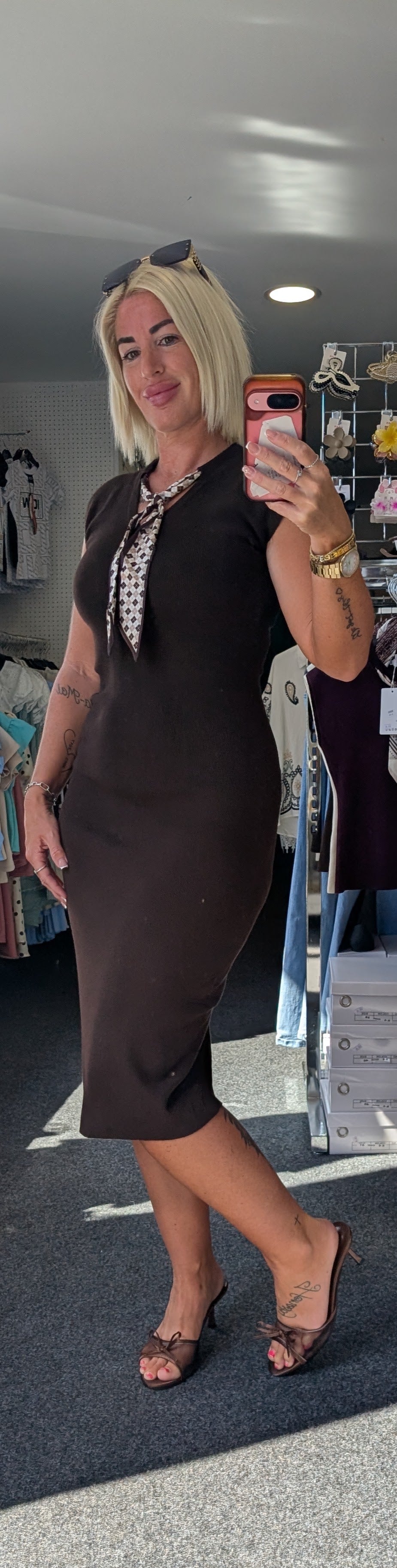 Soft Knit Midi Dress With Scarf Neck Detail