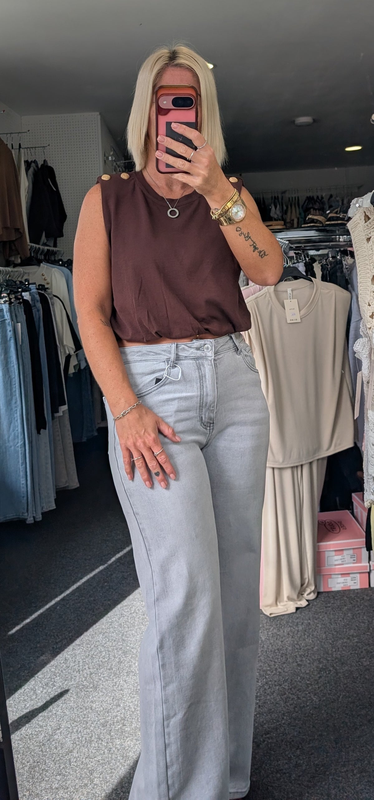 Bubble Hem Sleeveless Top With Gold Button details