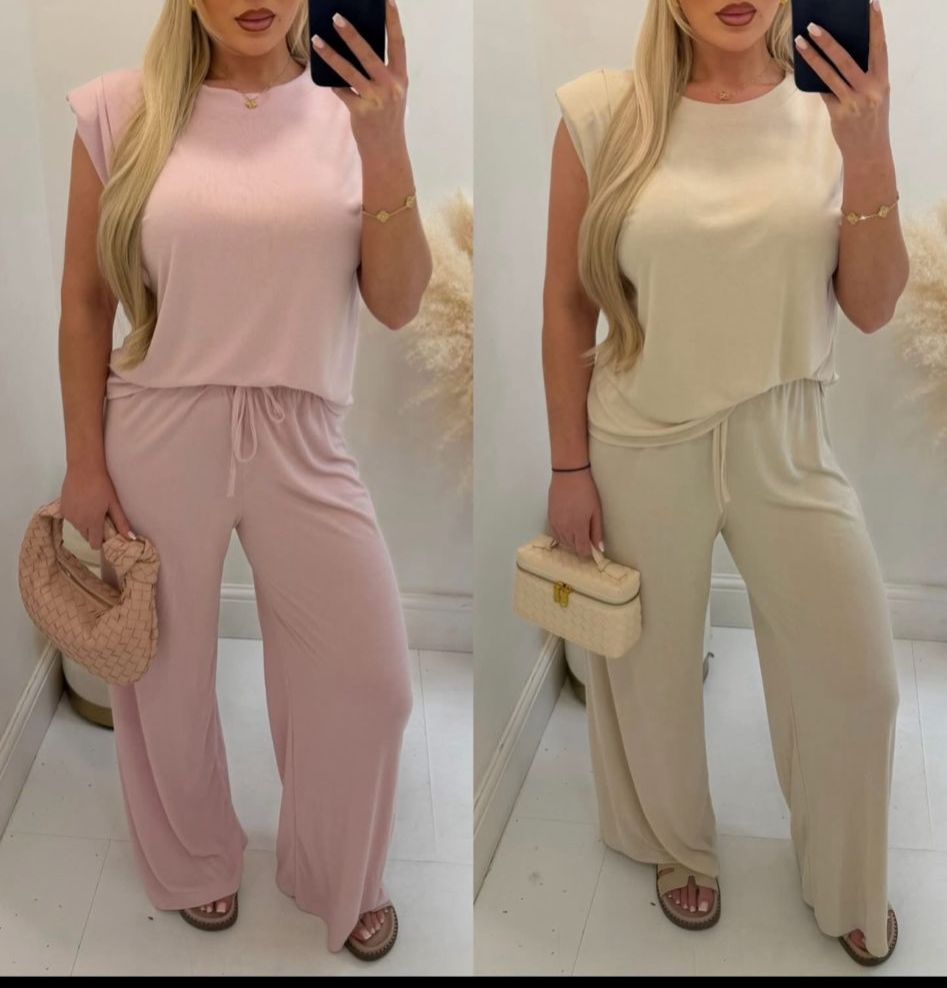 Padded Shoulder Top And Trousers Set