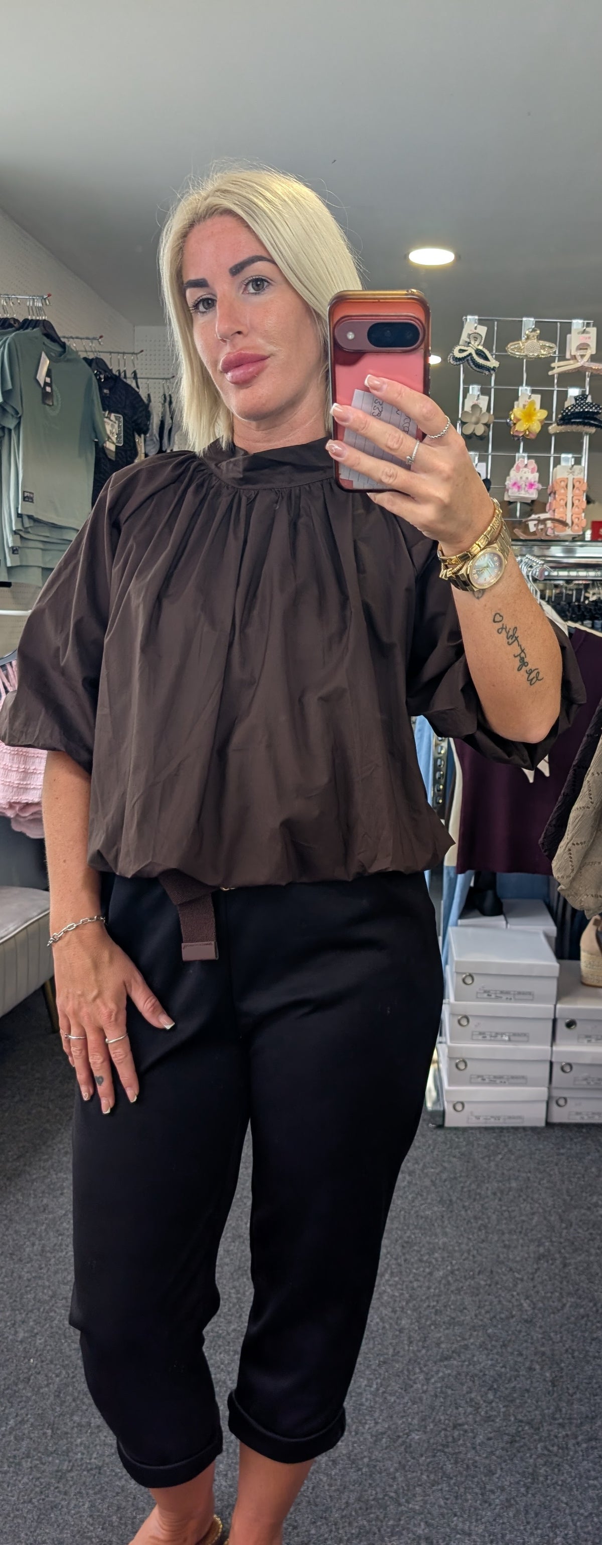 ¾ Sleeved Relaxed Bubble Hem Top With Bow Tie Back