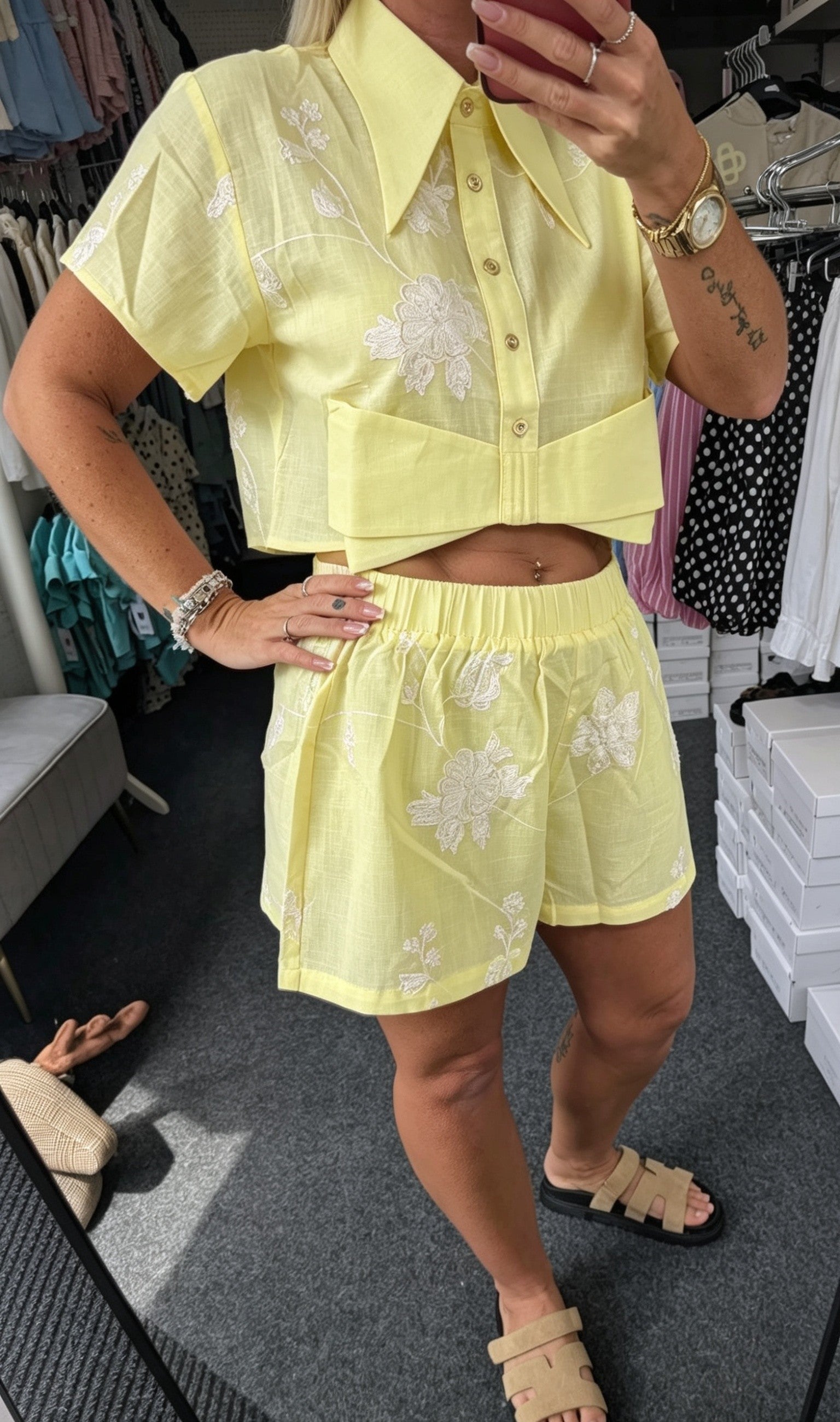 Bow Hem Embroidered Cropped Blouse And Short Set