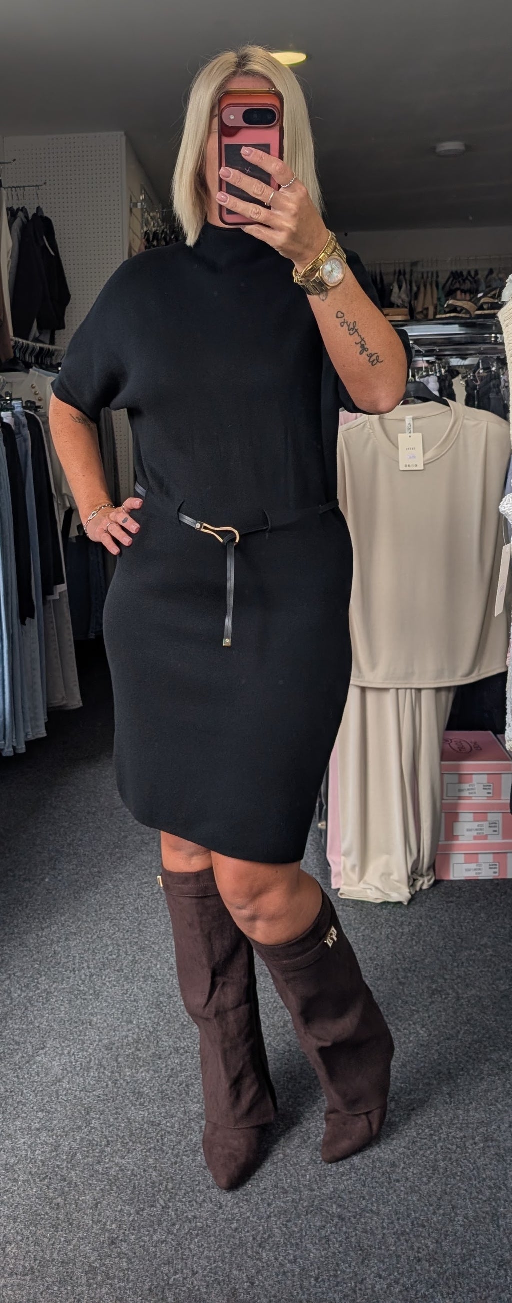 Fine Knit Dress With Belt Detail
