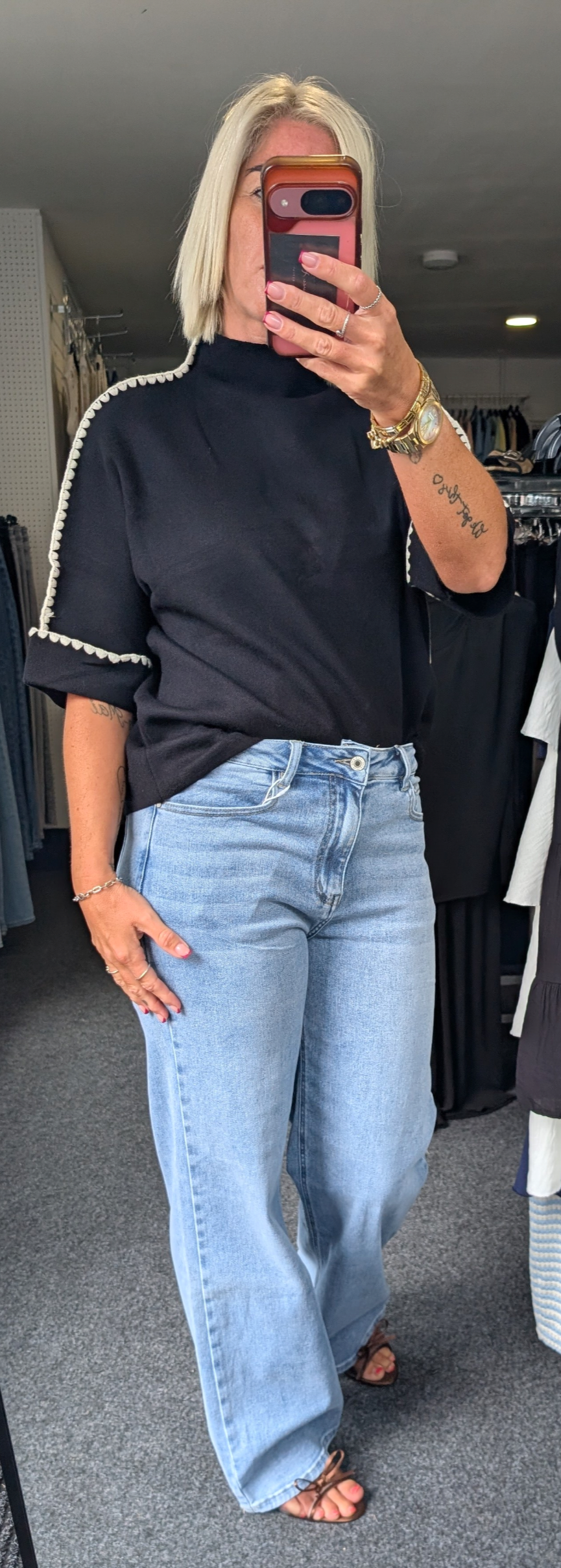 Short Sleeve Knit Top With Blanket Stitch Trim