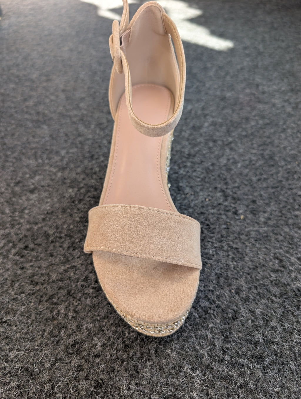 Embellished Beige Faux Suede Wedge Sandals