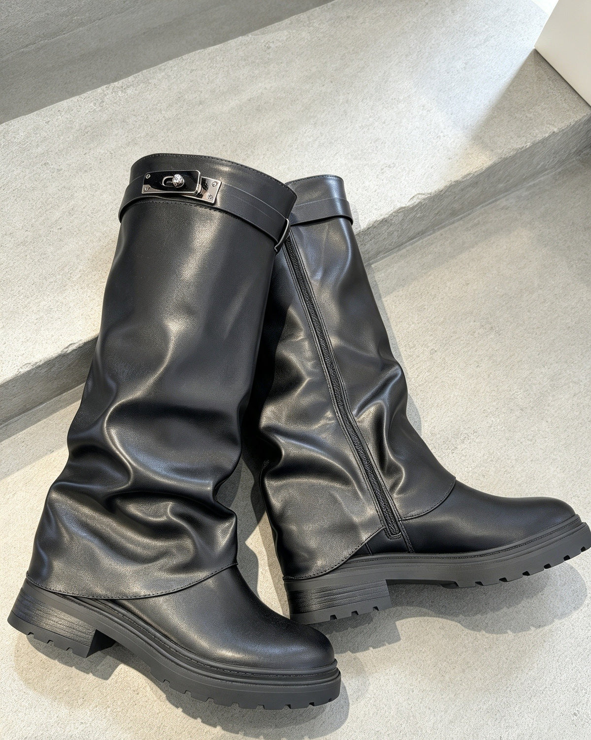 Black Chunky Fold Over Knee High Boots