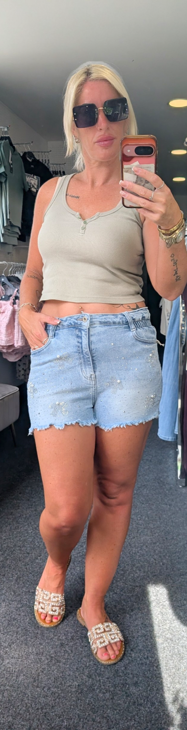 Blue Denim Shorts Decorated Diamante Bow