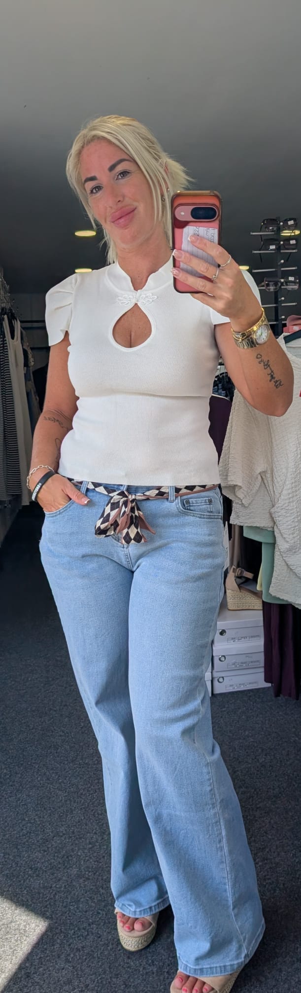 Keyhole Cutout Mandarin-Style Top