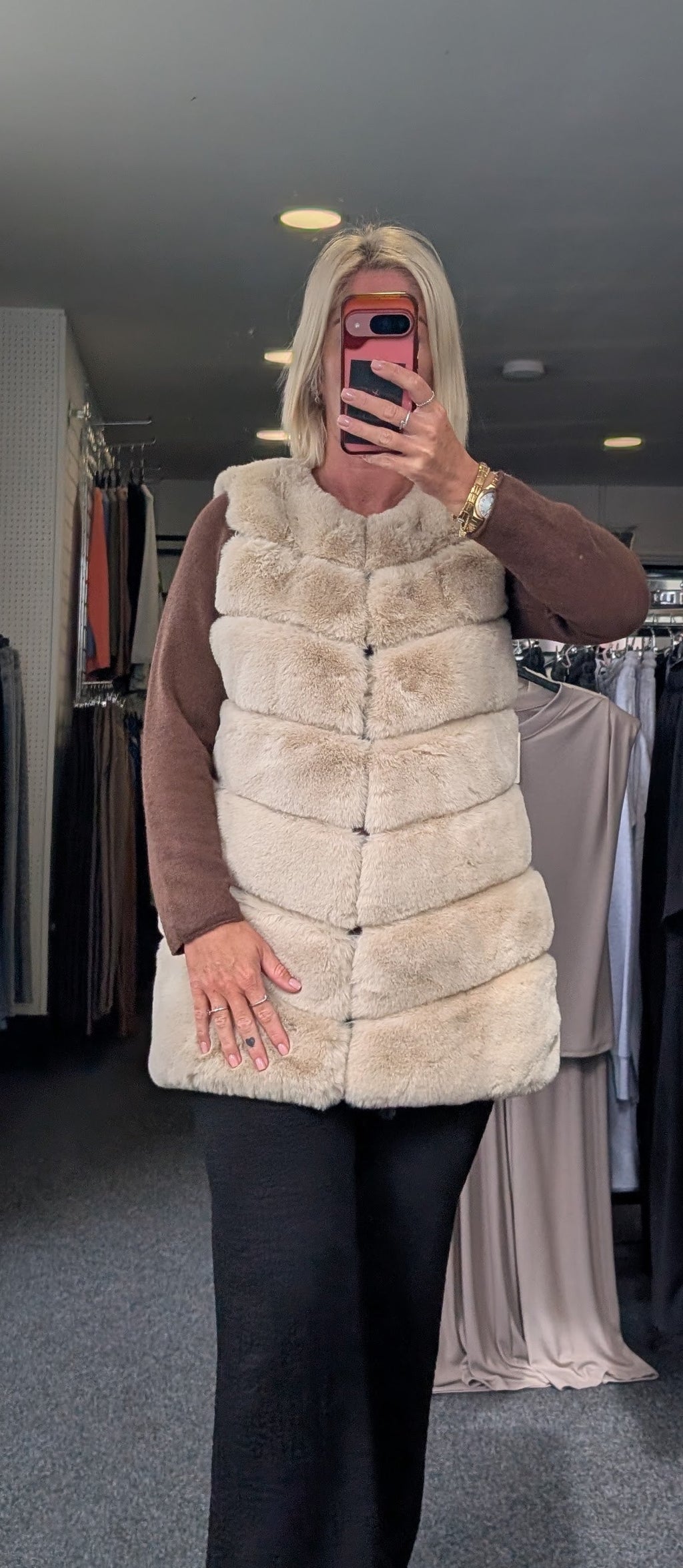 Beige Layered Faux Fur Gilet