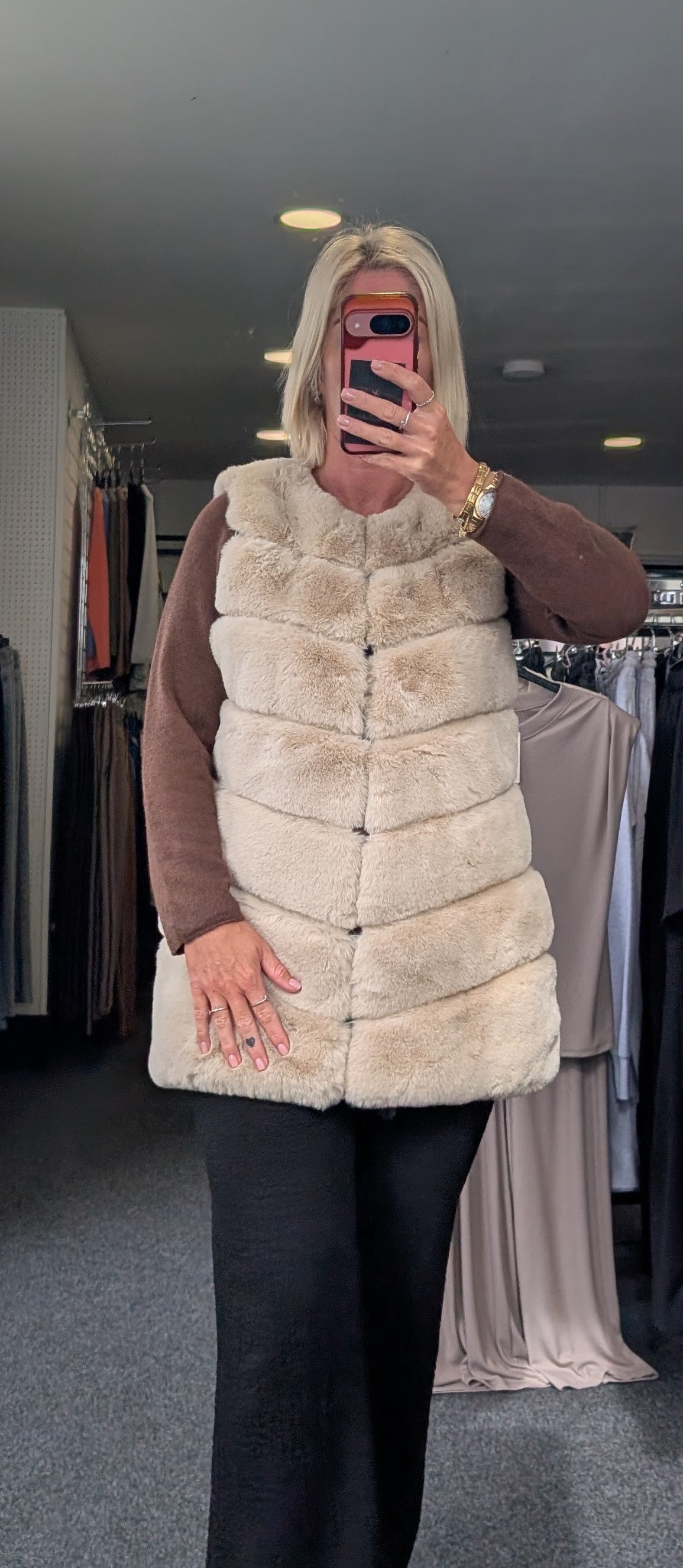 Beige Layered Faux Fur Gilet