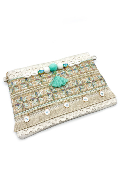 Aqua Shell Crochet Woven Clutch