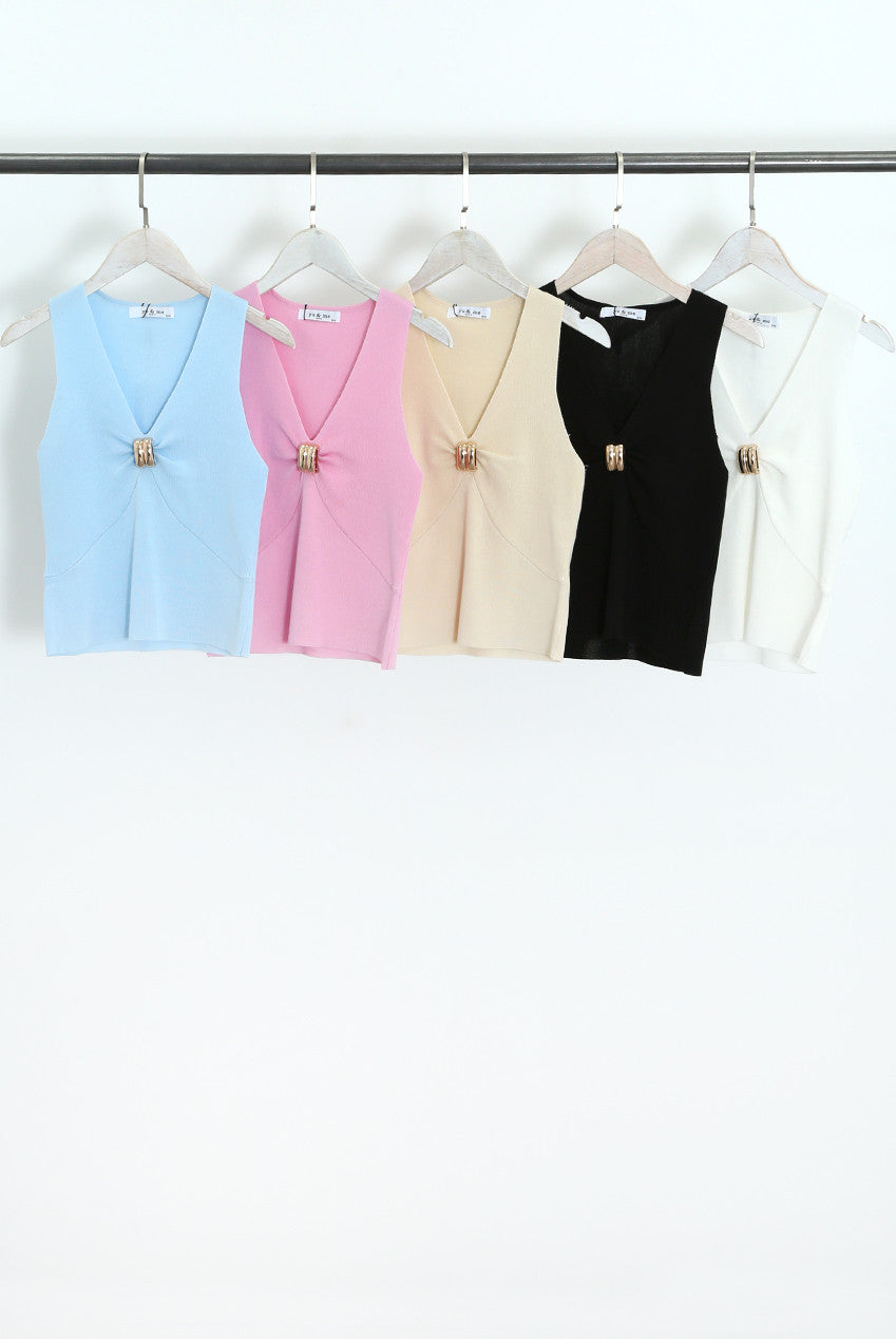 Fine Knit V Neck Top With Metal Detail