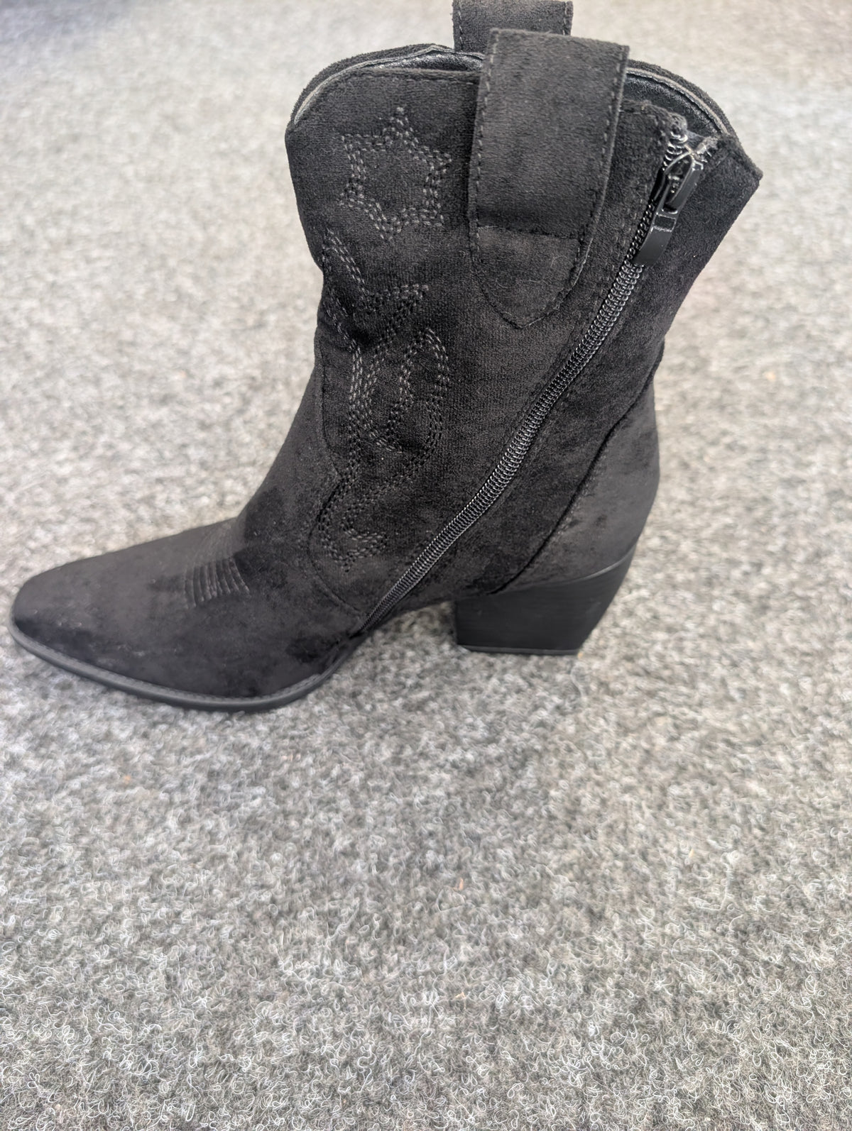 Black Faux Suede Embroidered Western Pointed Toe Cowboy Boots