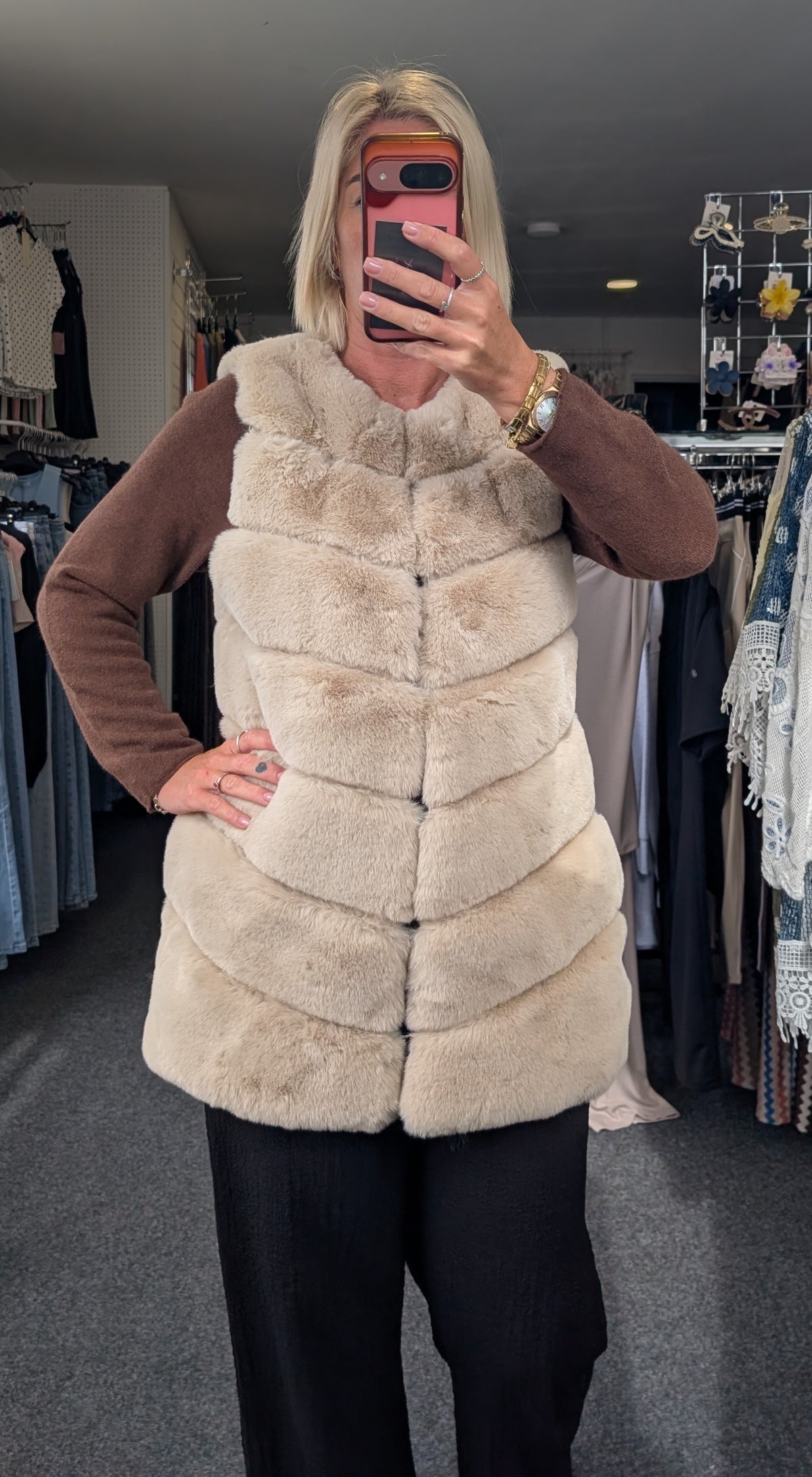 Beige Layered Faux Fur Gilet