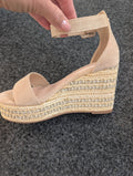 Embellished Beige Faux Suede Wedge Sandals