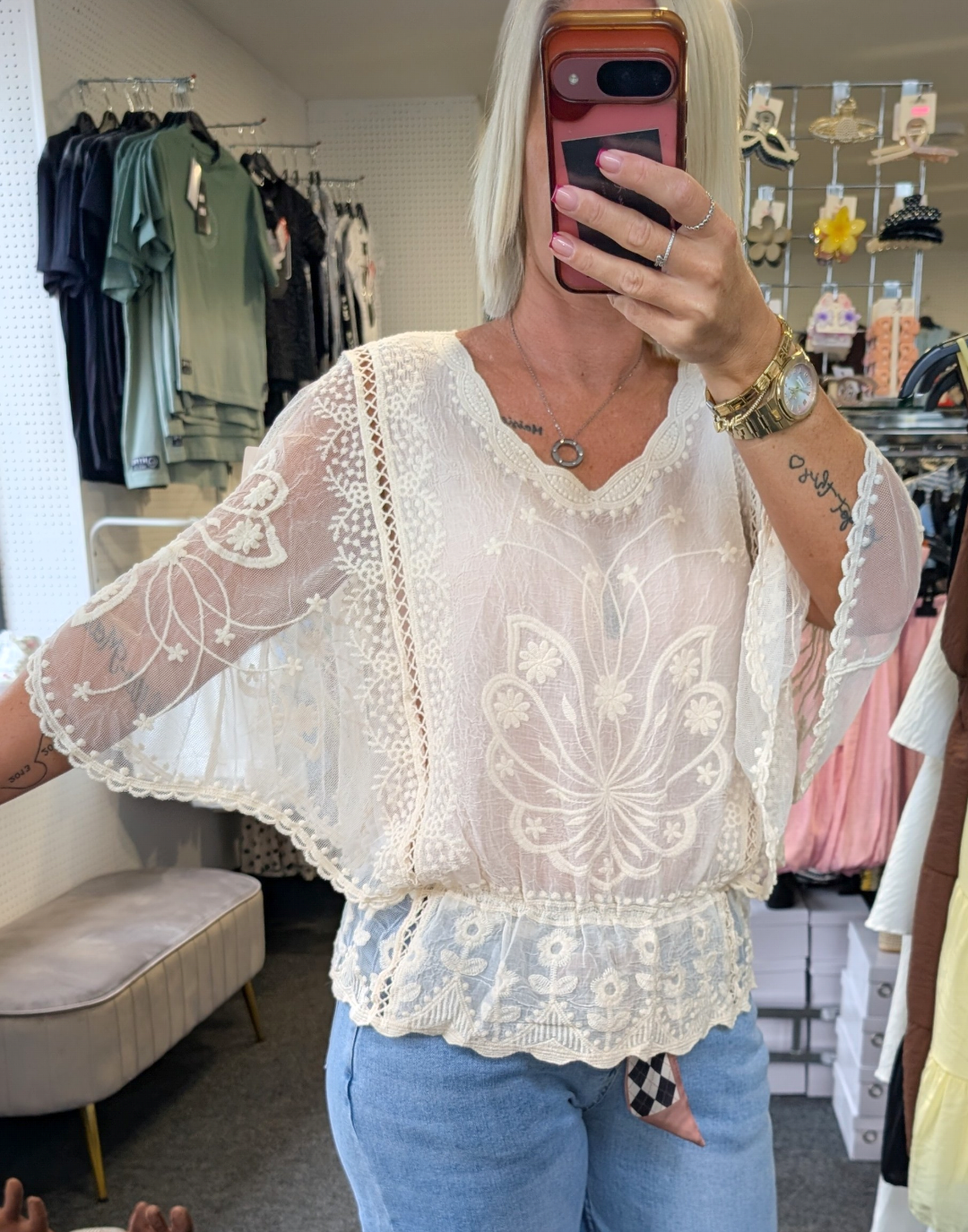 Floral Lace Butterfly Sleeve Blouse
