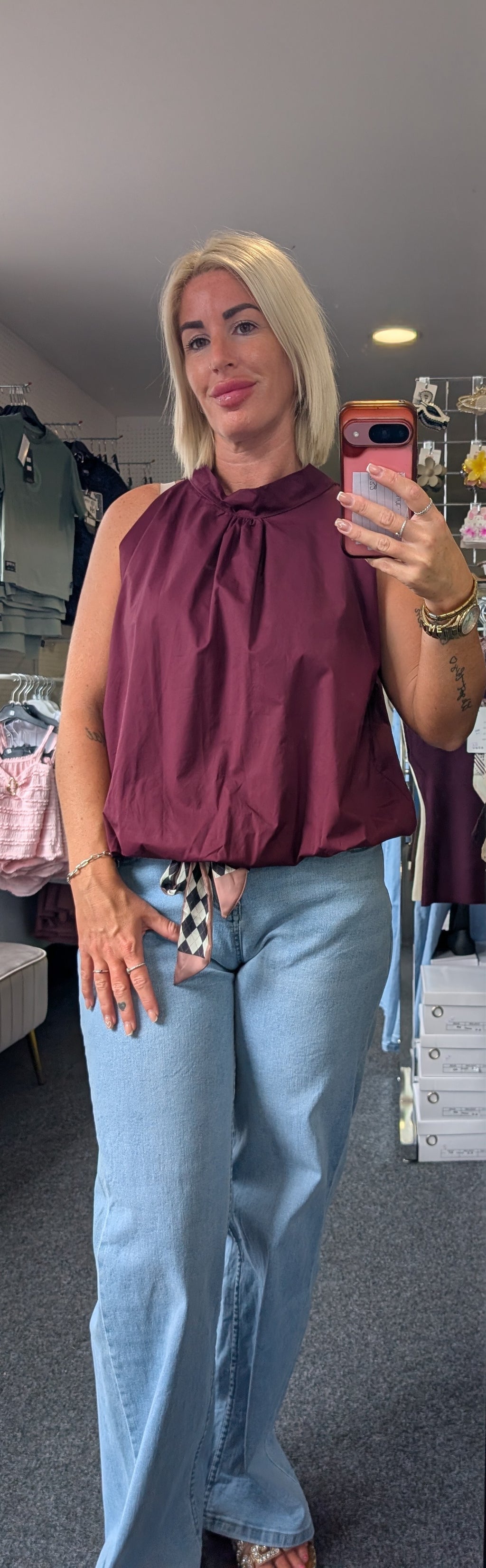 Sleeveless Relaxed Bubble hem Top With Bow Tie Back
