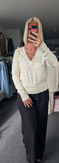 Pearl Detailing Soft, Fine Knit V-Neck Jumper
