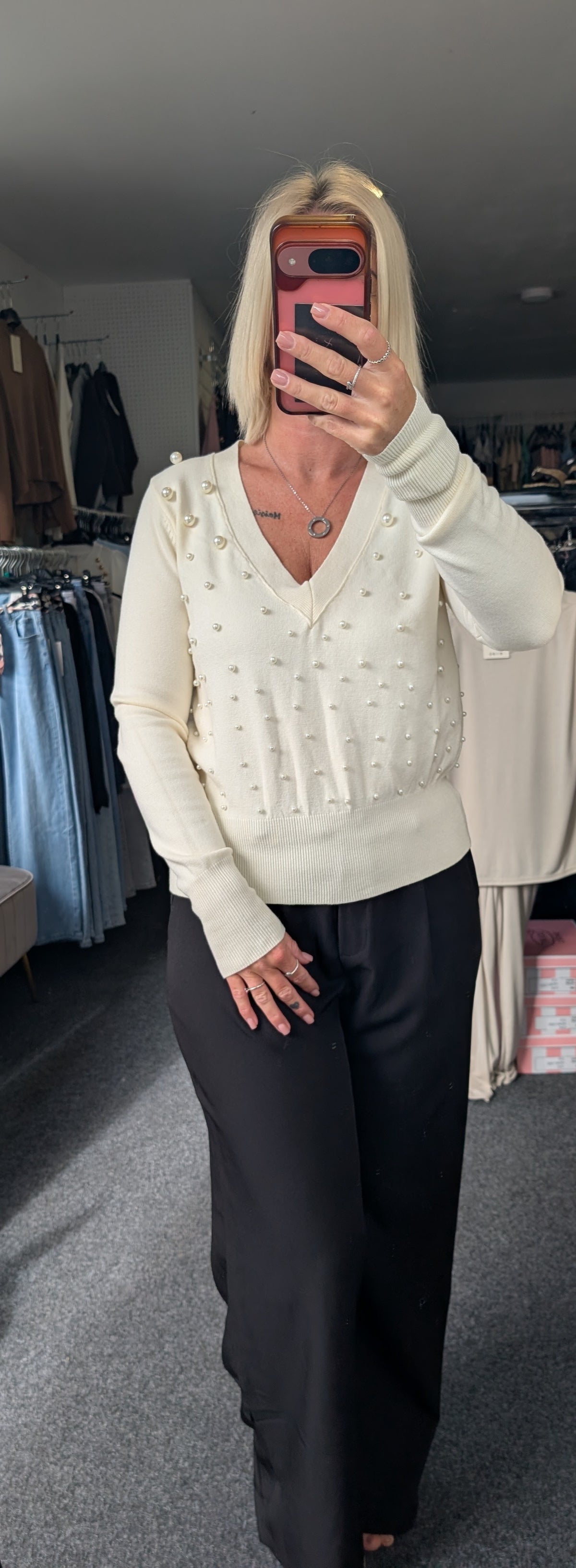 Pearl Detailing Soft, Fine Knit V-Neck Jumper