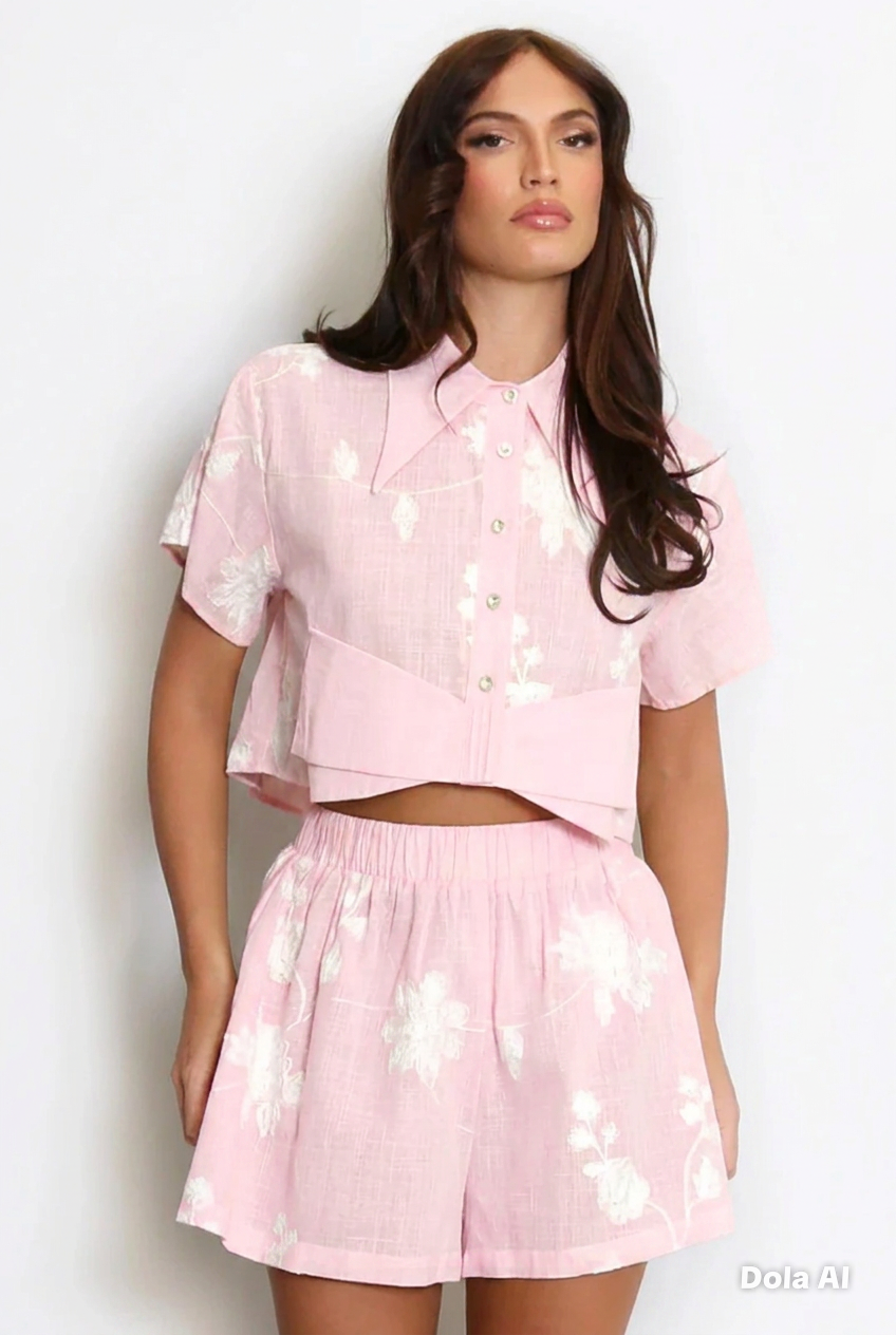 Bow Hen Embroidered Cropped Blouse And Short Set