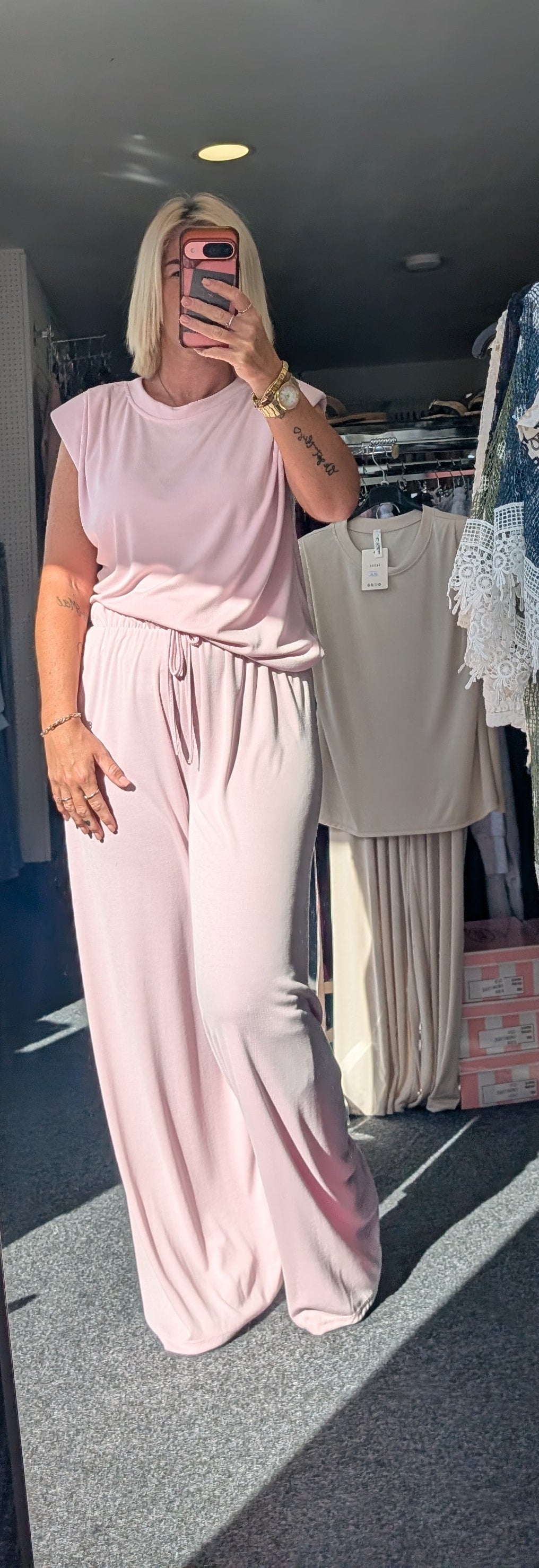 Padded Shoulder With Ruched Detail Top & Elasticated Waist Trouser Co-ord Set