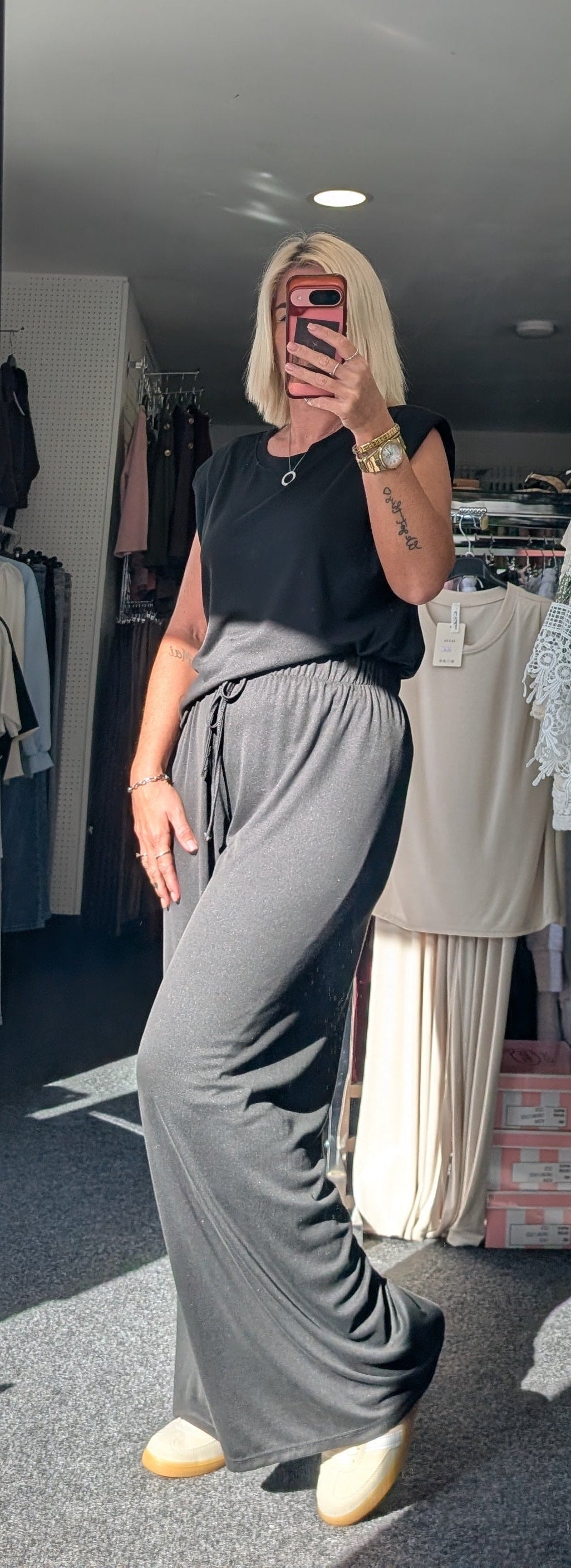 Padded Shoulder With Ruched Detail Top & Elasticated Waist Trouser Co-ord Set
