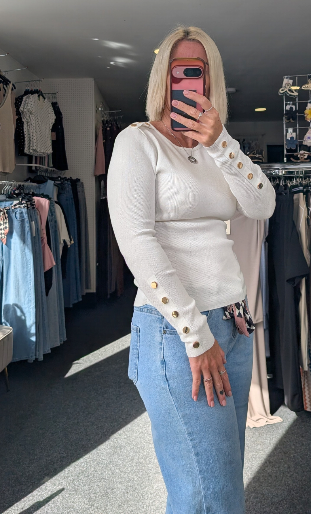 Cream Round Neck Fine Knit Jumper With Button Detail