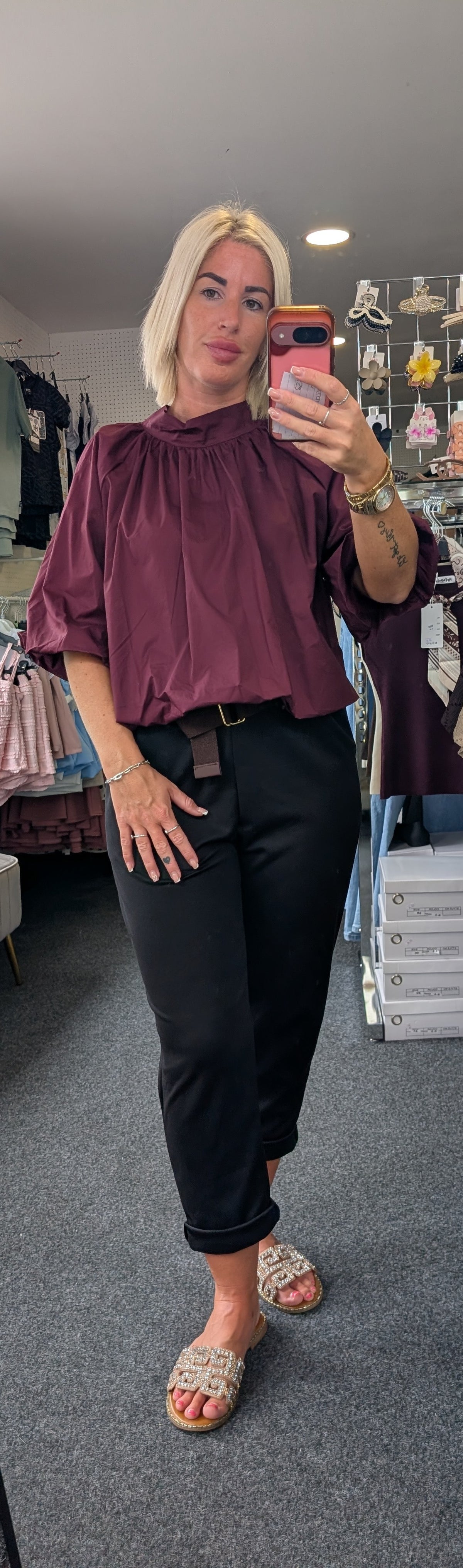 ¾ Sleeved Relaxed Bubble Hem Top With Bow Tie Back