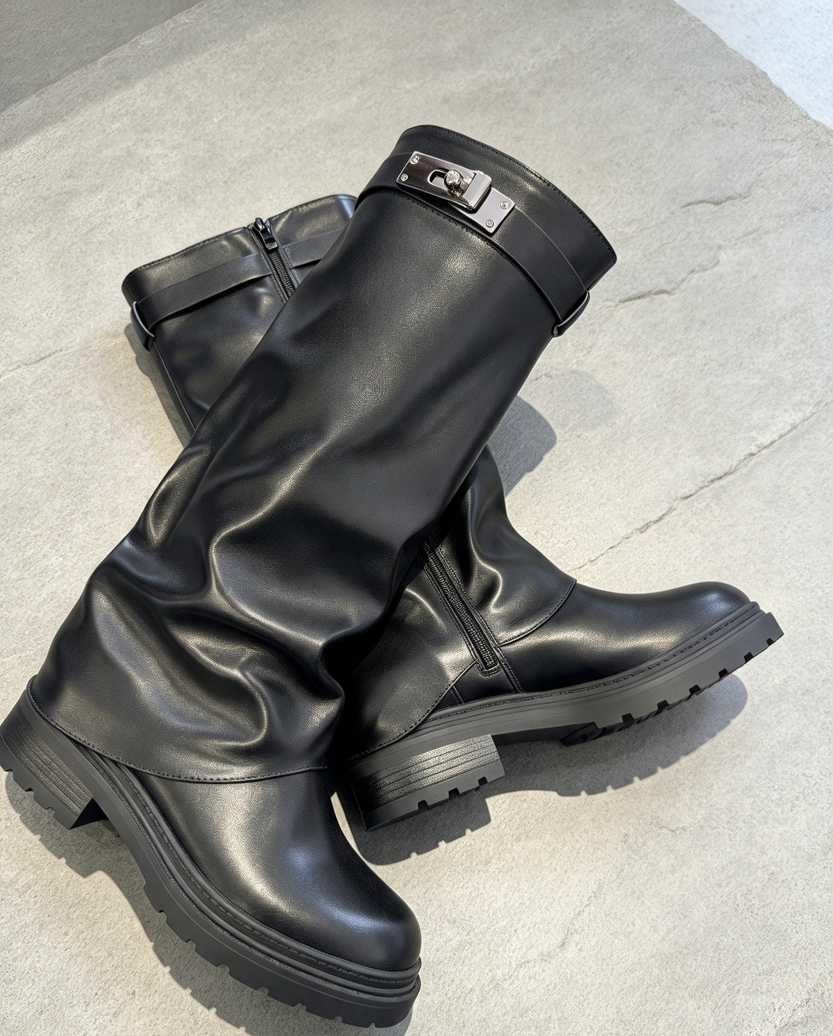 Black Chunky Fold Over Knee High Boots