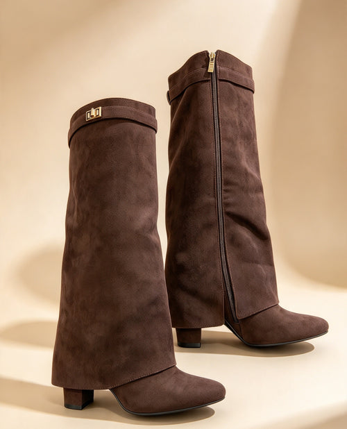 Brown Faux Suede Pointed Toe Fold Over Knee High Boots With Block Heel