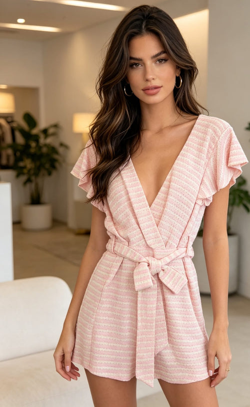 Belted Stripe Playsuit With Frill Sleeves
