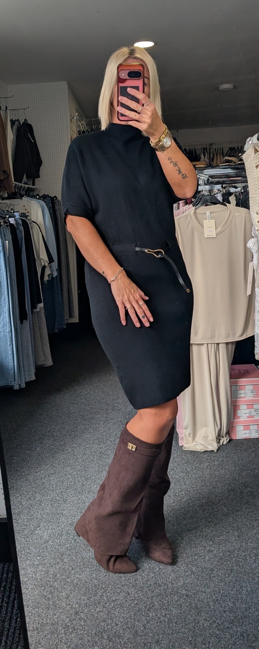 Fine Knit Dress With Belt Detail