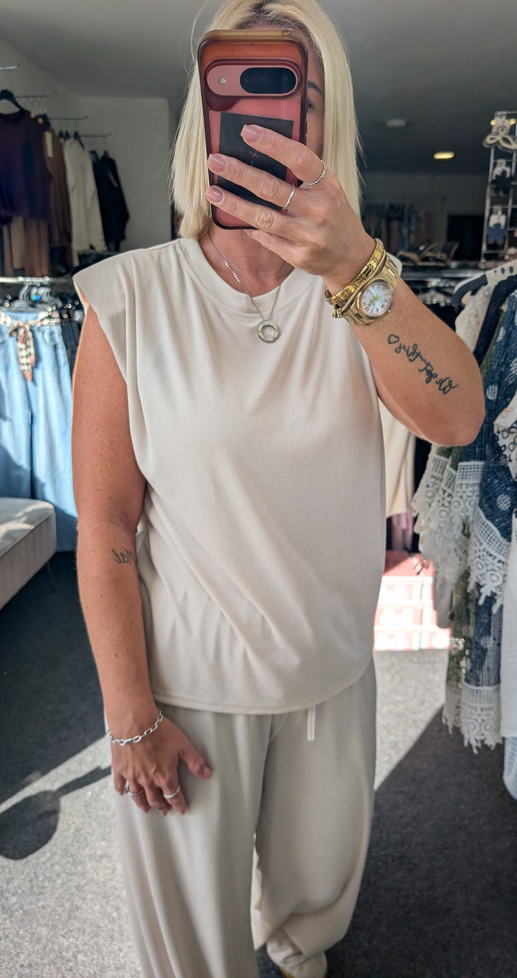 Padded Shoulder With Ruched Detail Top & Elasticated Waist Trouser Co-ord Set