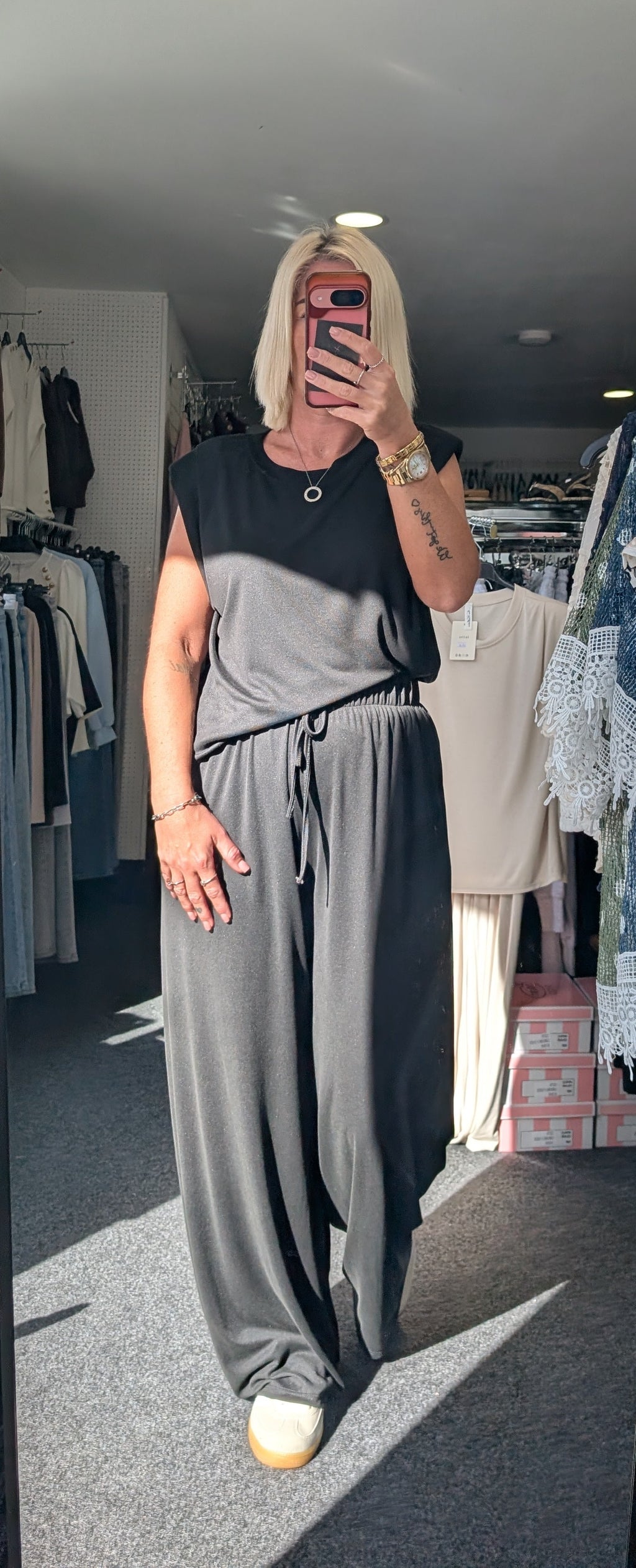 Padded Shoulder With Ruched Detail Top & Elasticated Waist Trouser Co-ord Set